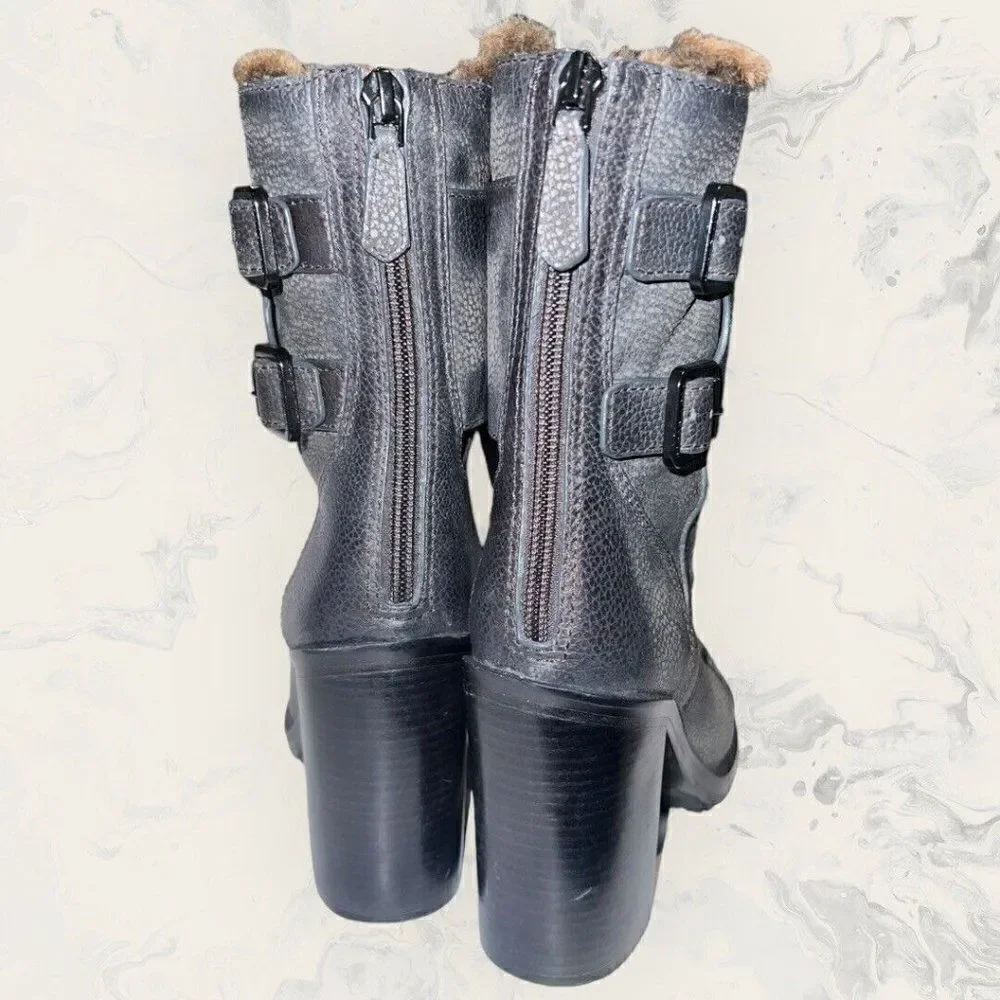 Tory Burch Broome leather heeled Combat Boots shearling lined gray women's 5.5M
